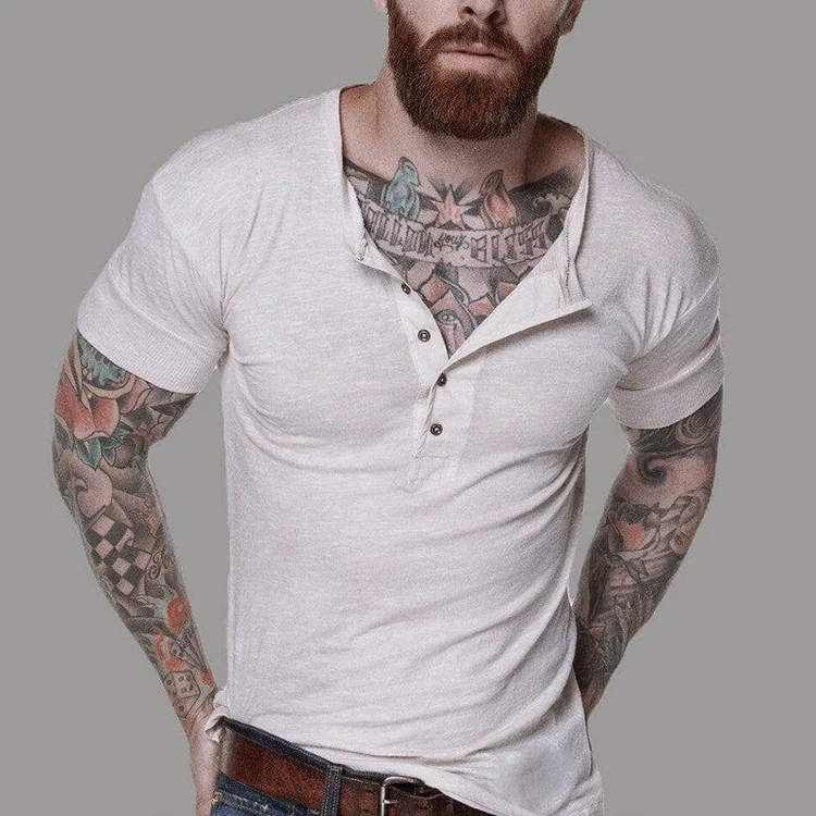 Vintage Cotton Henley Neck Short Sleeve T-Shirt