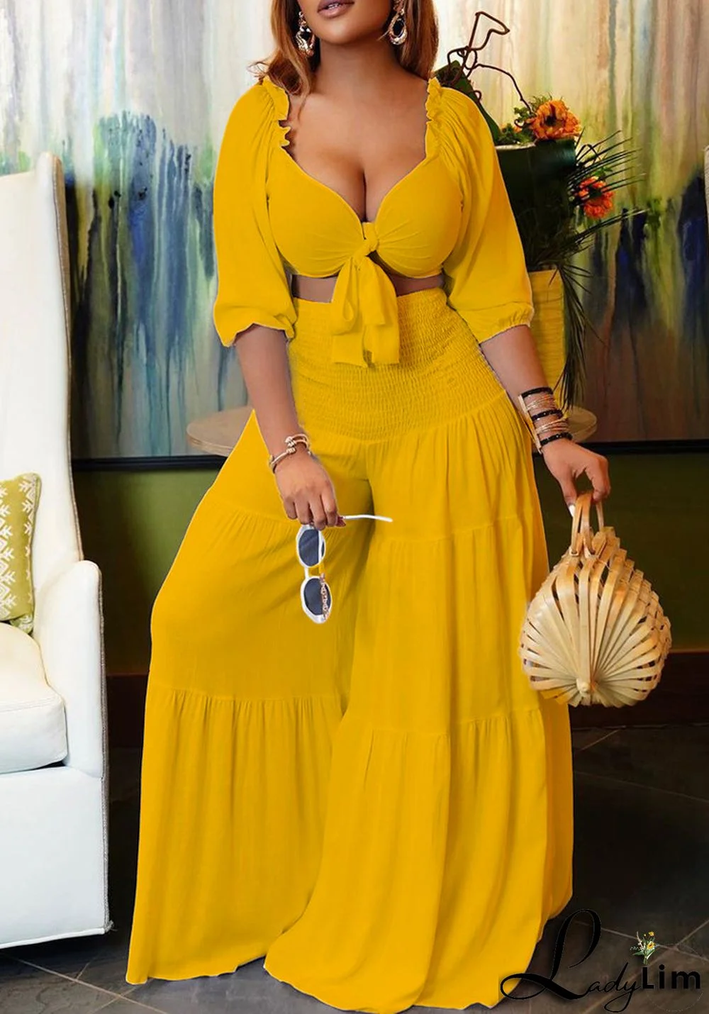 Women Spring Yellow Casual V-neck Half Sleeves High Waist Solid Cascading Ruffle Loose Plus Size Two Piece Pants Set