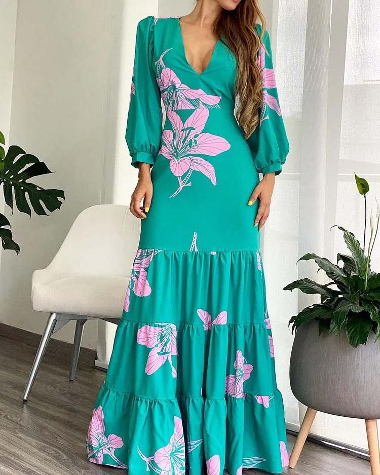 Printed Puff Sleeve Long Dress
