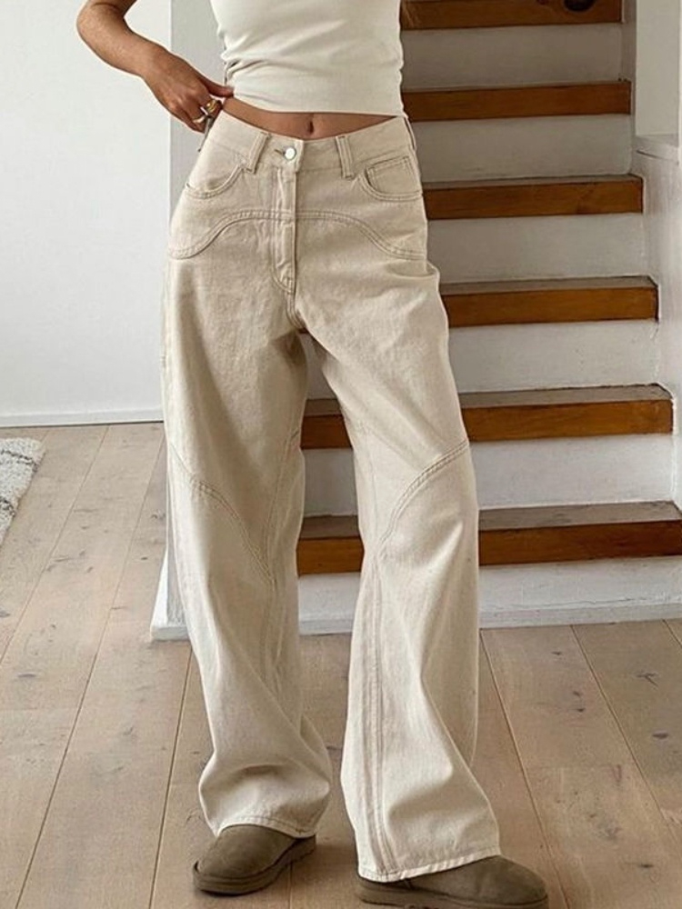 Ootddress Fashion High Waist For Women Straight Legg Slim Casual Summer 2025 Straight High Street Sweatpants Pocket Denim Trousers