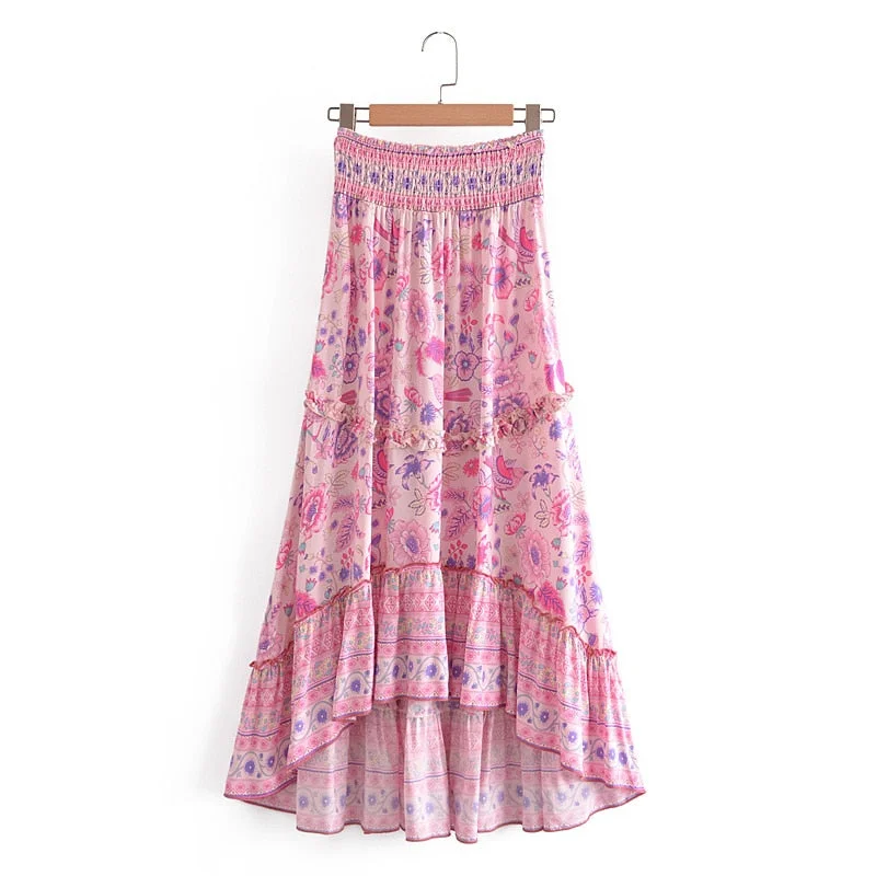 2021 Summer New Rayon Positioning Floral Print Front Short Back Long Elastic Waist Ruffle Stitching Long Skirt For Women