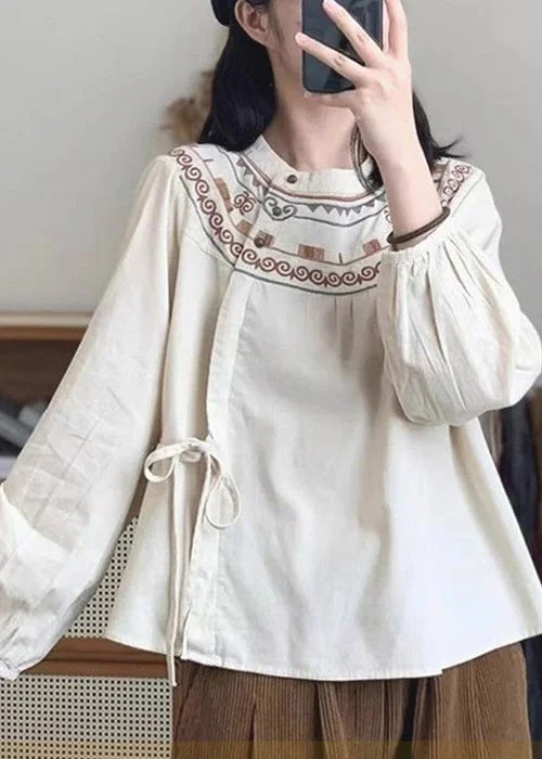Loose Apricot Lace Up Button Print Cotton Shirt Long Sleeve
