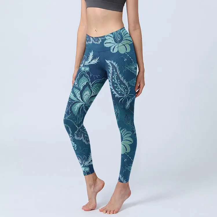 Blue Flowers Print Sports Fitness Leggings Women's Yoga Pants