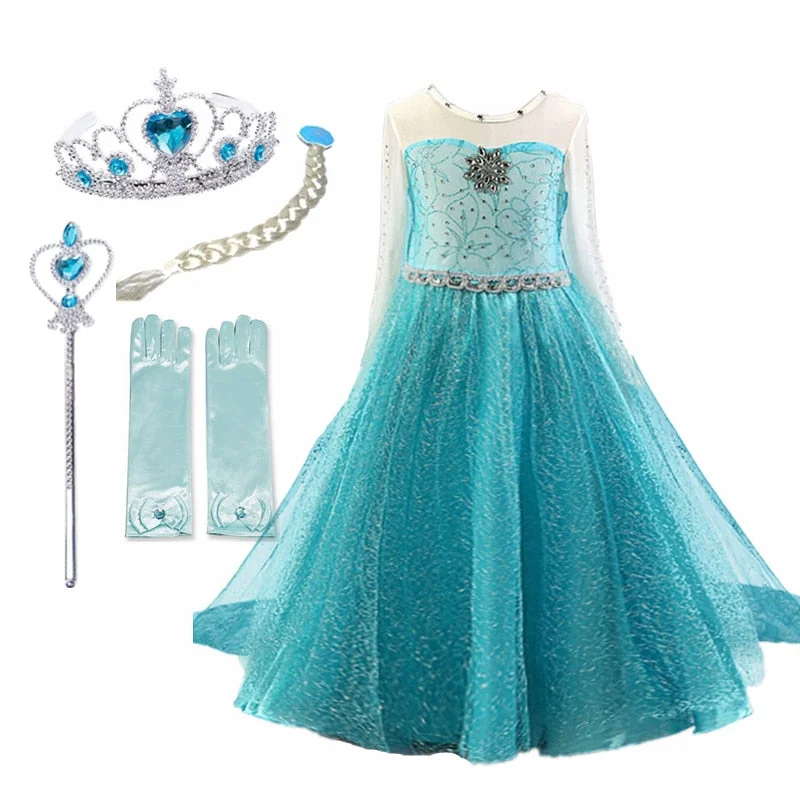 4-10T Girls Party Princess Dress Baby Girls Summer Elegant Long Sleeve Blue Dresses Birthday Party Fantasy Ball Dress