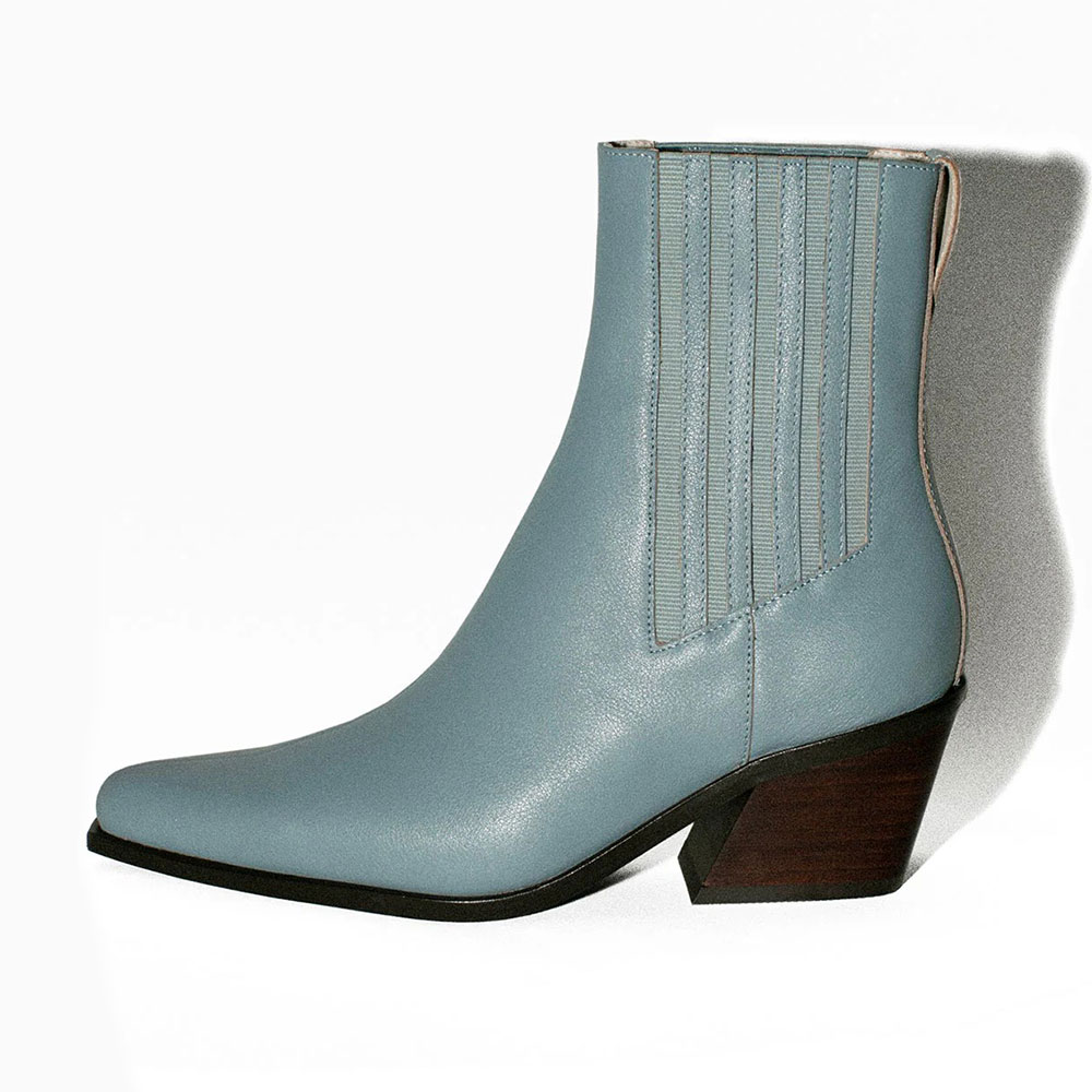 Blue Pointed Toe Pull-On Chelsea Ankle Boots with Block Heels Nicepairs