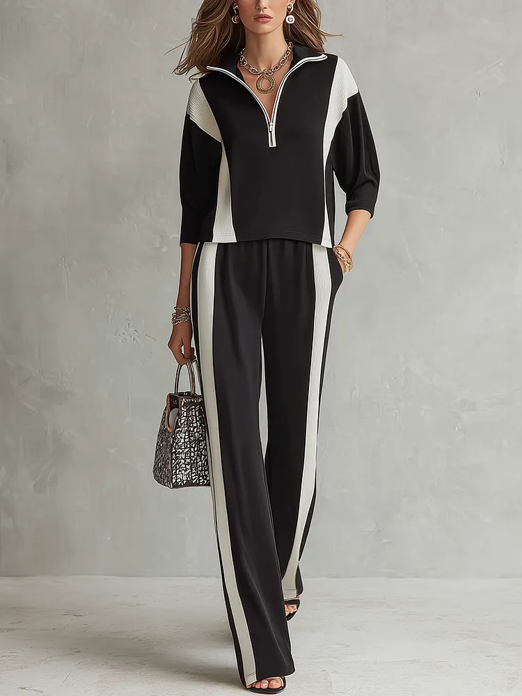 Modern Black Color Block Half-Zip Lounge Set