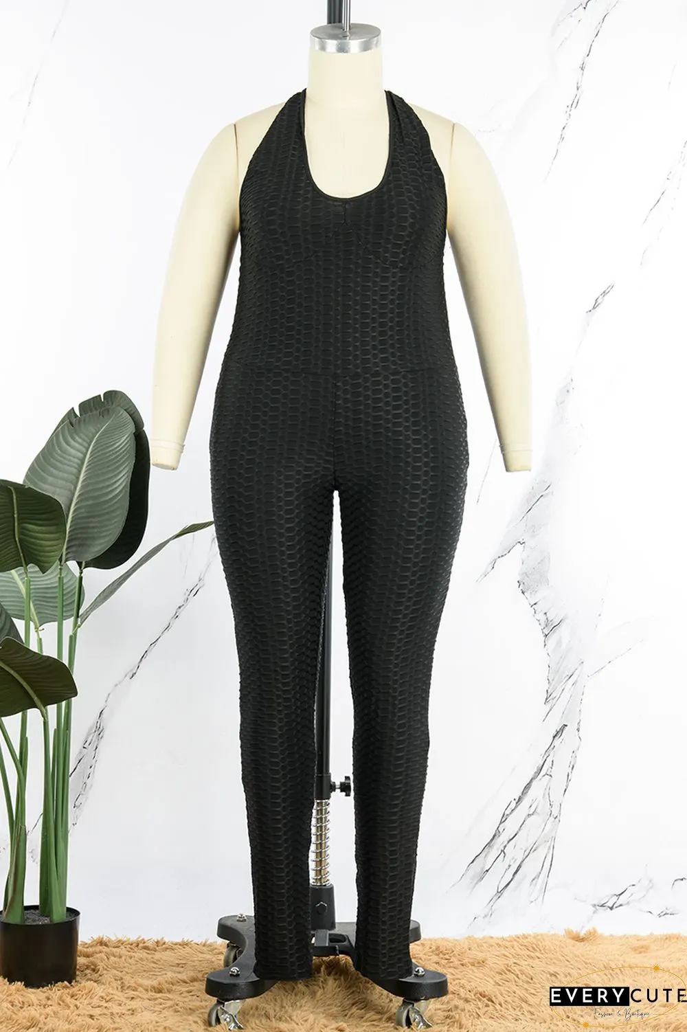 Pink Sexy Casual Solid Backless V Neck Plus Size Jumpsuits