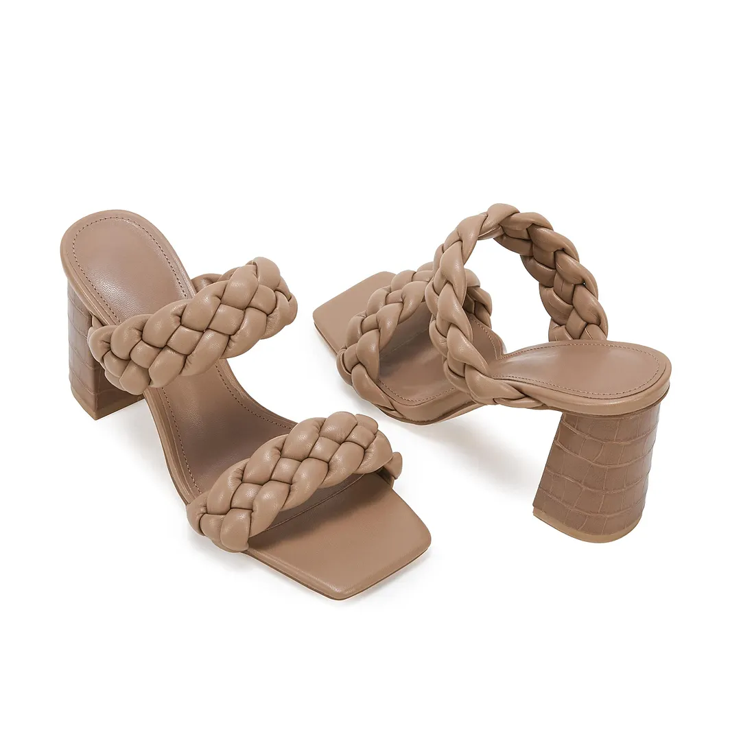 Women's Backless Square Open Toe Block Strappy Braided Heeled Sandals-vocosishoes