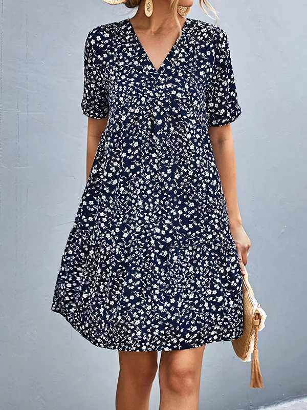 Flower Print Split-Joint Short Sleeves V-Neck Mini Dresses