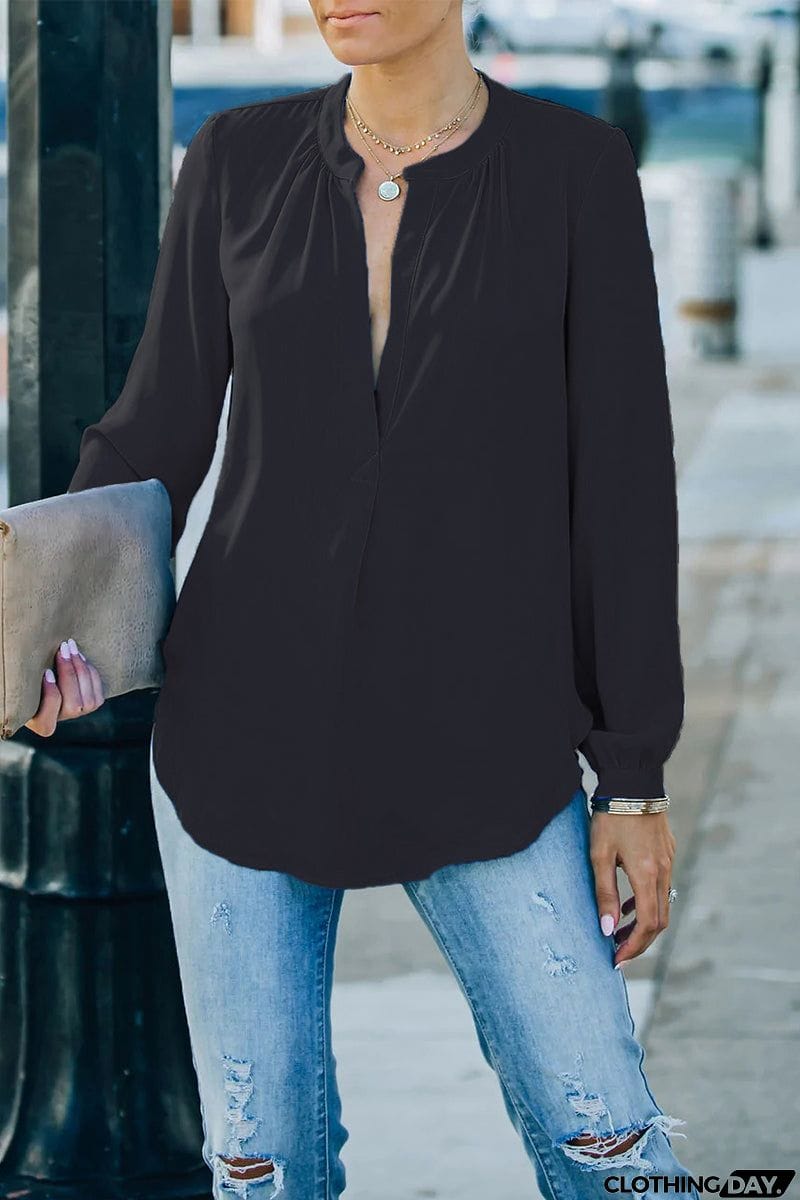 Casual Solid Fold V Neck Tops(6 Colors)