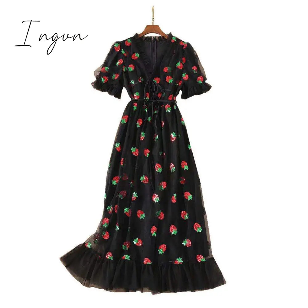 Ingvn - Strawberry Dress Women Fashion Deep V Puff Sleeve Sweet Voile Mesh Sequins Embroidery
