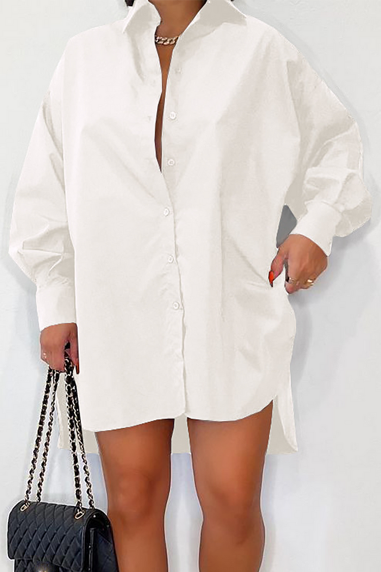 Solid Color Long Sleeve High-Low Hem Loose Fit Blouse Mini Dresses-White