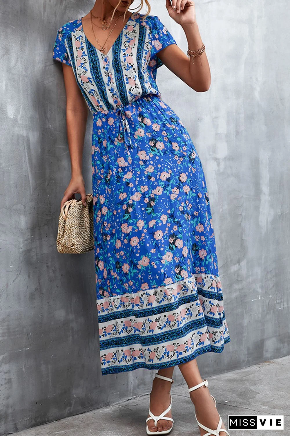 Floral Print Short Sleeve Long Dress Wholesale