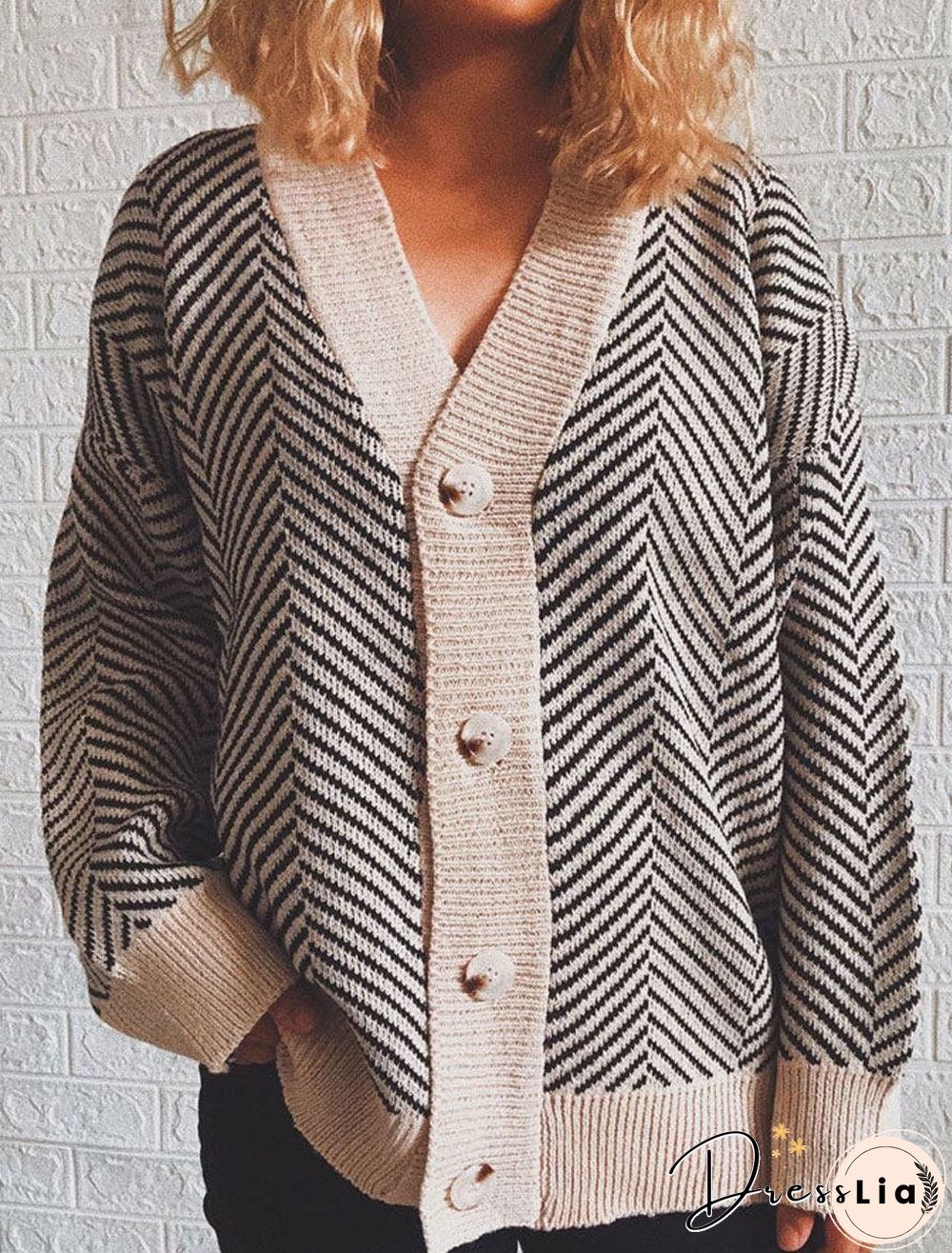 V-neck Striped Casual Loose Sweater Cardigan