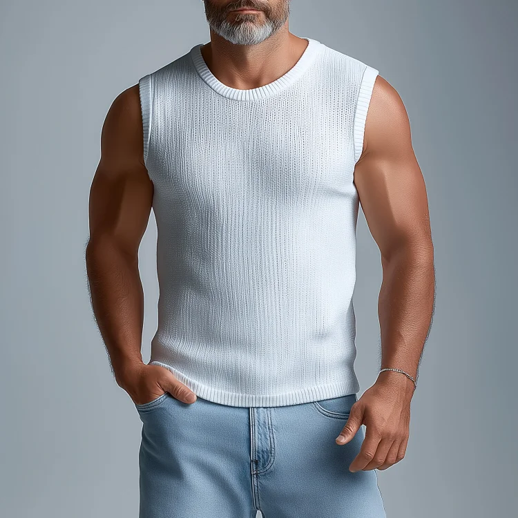 Men's Solid Rib Knitted Round Neck Sleeveless Tank Top
