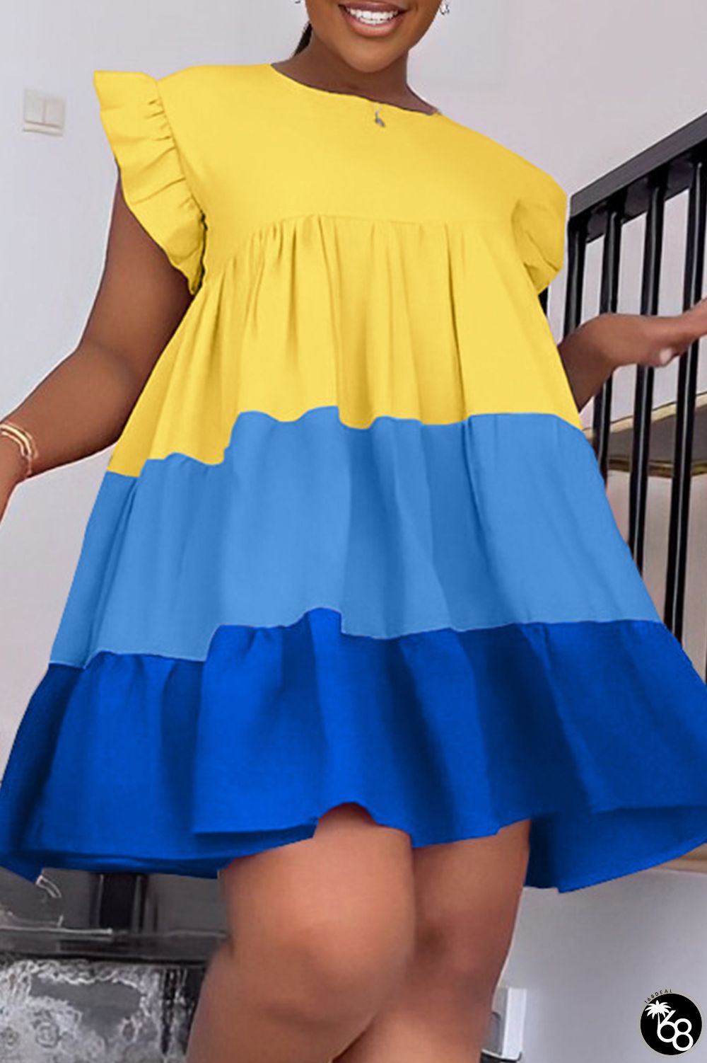 Yellow Casual Patchwork Contrast O Neck A Line Dresses | 168DEAL