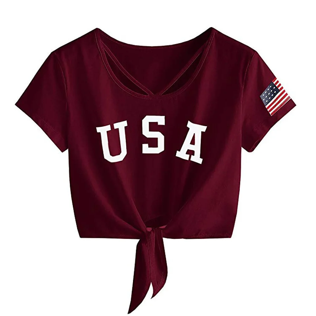 American Flag Print Womens Short Sleeve Tops Cross Scoop Neck T-Shirt