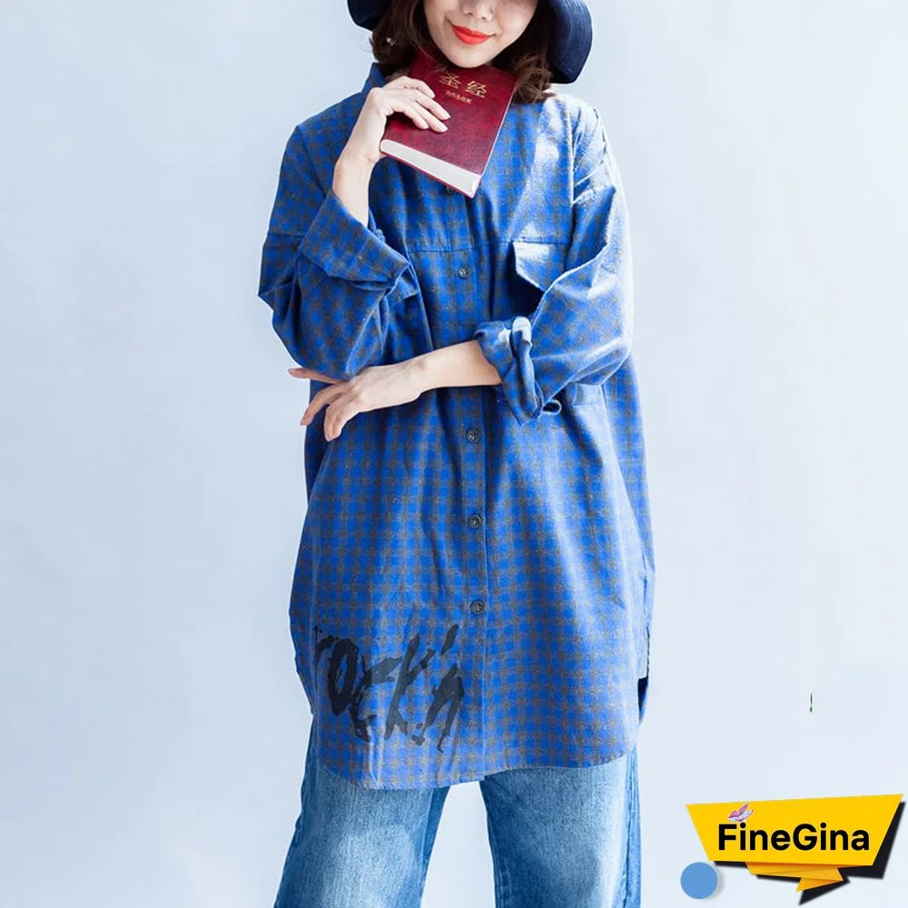blue fashion casual grid prints cotton blouse oversize turn-down collar shirt