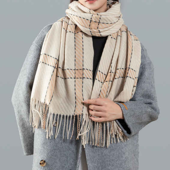 Warm Scarf Plaid Tassels Fringe Cashmere Feel Thickened Warm Blanket Scarf- | ARKGET