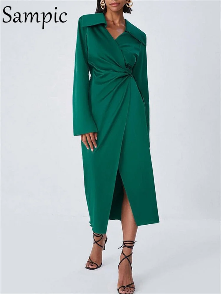 Sampic Chic Elegant Satin Green Women Fashion Long 2021 Sexy Party Shirt Dress Night Club Autumn Winter Ladies Blazer Dress