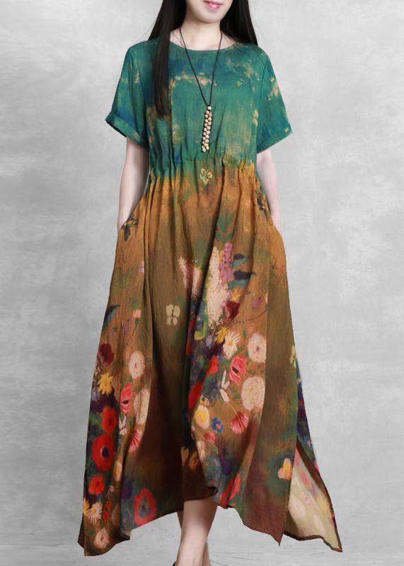 VCSHOES o neck summer dress yellow green print Dress