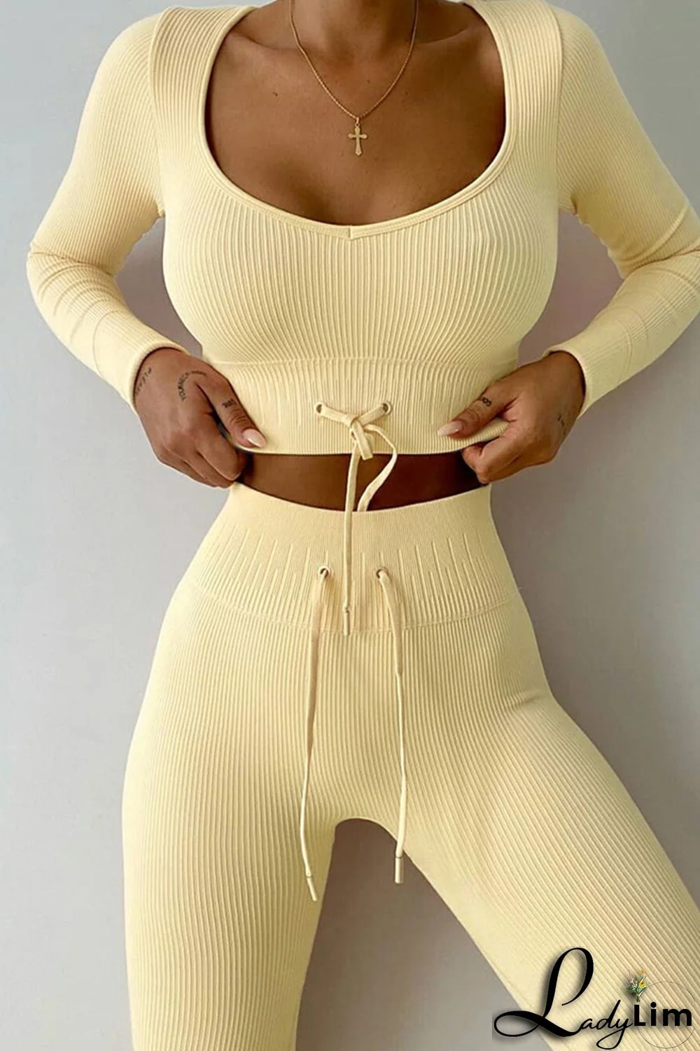 Light Green Casual Sportswear Solid Frenulum V Neck Long Sleeve Two Pieces