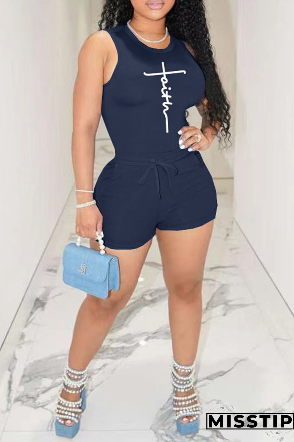 Blue Fashion Casual Sportswear Print Basic O Neck Sleeveless Two Pieces