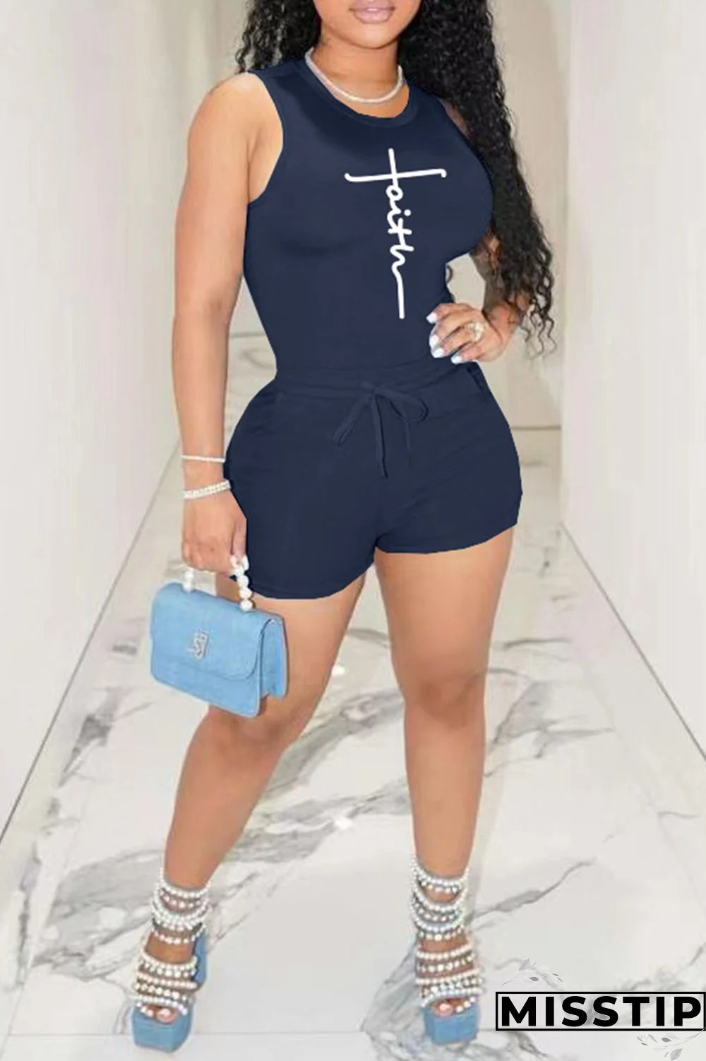 Blue Fashion Casual Sportswear Print Basic O Neck Sleeveless Two Pieces