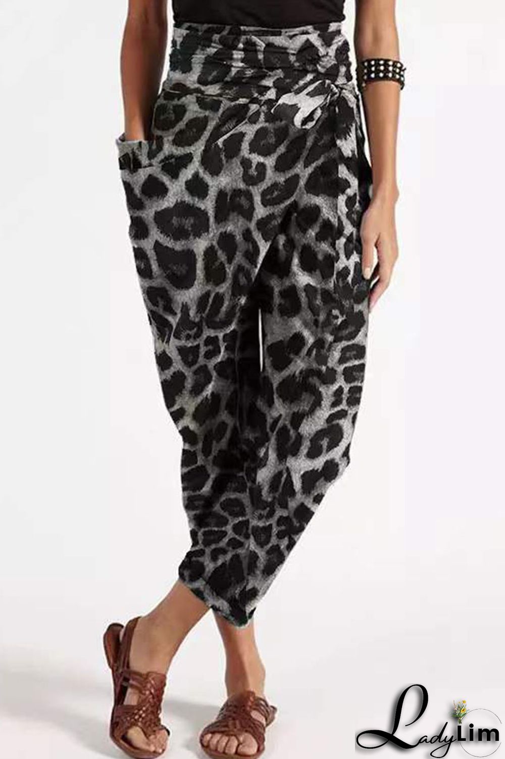 Coffee Casual Street Print Leopard Split Joint Loose High Waist Pencil Full Print Bottoms