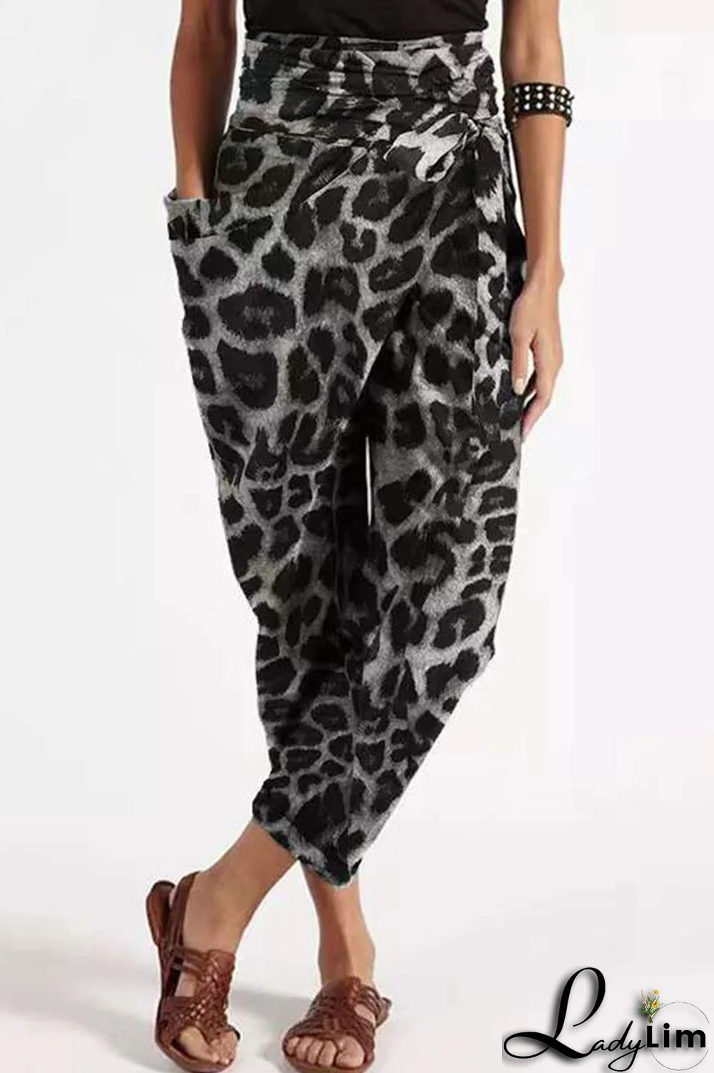 Coffee Casual Street Print Leopard Split Joint Loose High Waist Pencil Full Print Bottoms