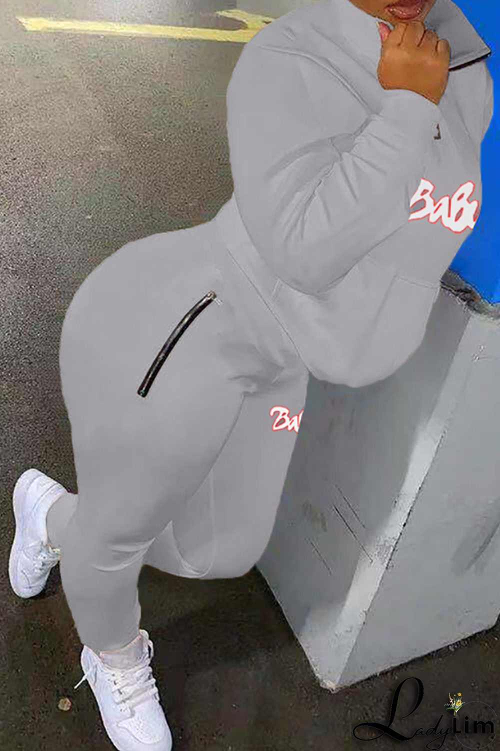 Grey Casual Print Letter Mandarin Collar Long Sleeve Two Pieces