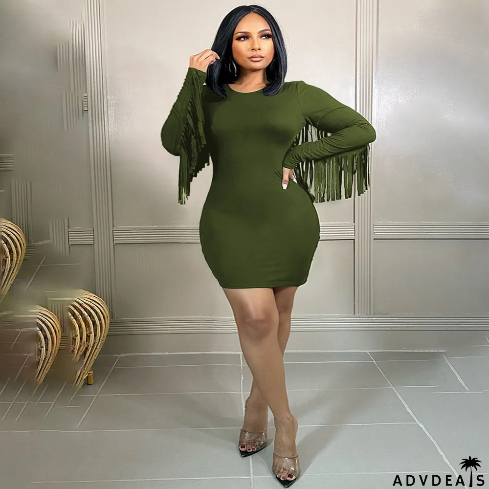 Plus Size Solid Tassel Long Sleeve Mini Dress