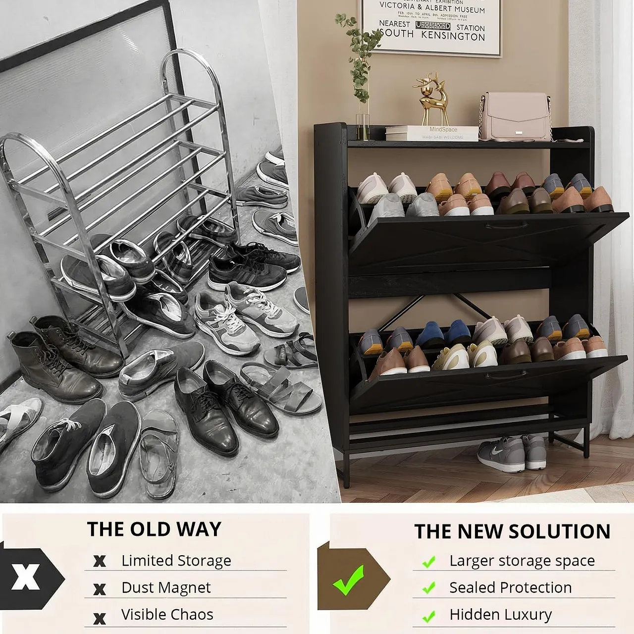 VOWNER Farmhouse Shoe Storage Cabinet with 2 Flip Drawers, Freestanding Organizer with Metal Legs for Entryway, Narrow Shoe Rack Cabinet VOWNER Farmhouse Shoe Storage Cabinet with 2 Flip Drawers, Freestanding Organizer with Metal Legs for Entryway, Narrow Shoe Rack Cabinet