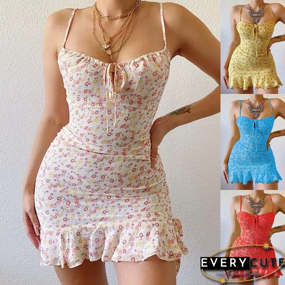 Summer New Fashion Womens Floral Spaghetti strap Mini dress Casual Beach Suspender Skirt