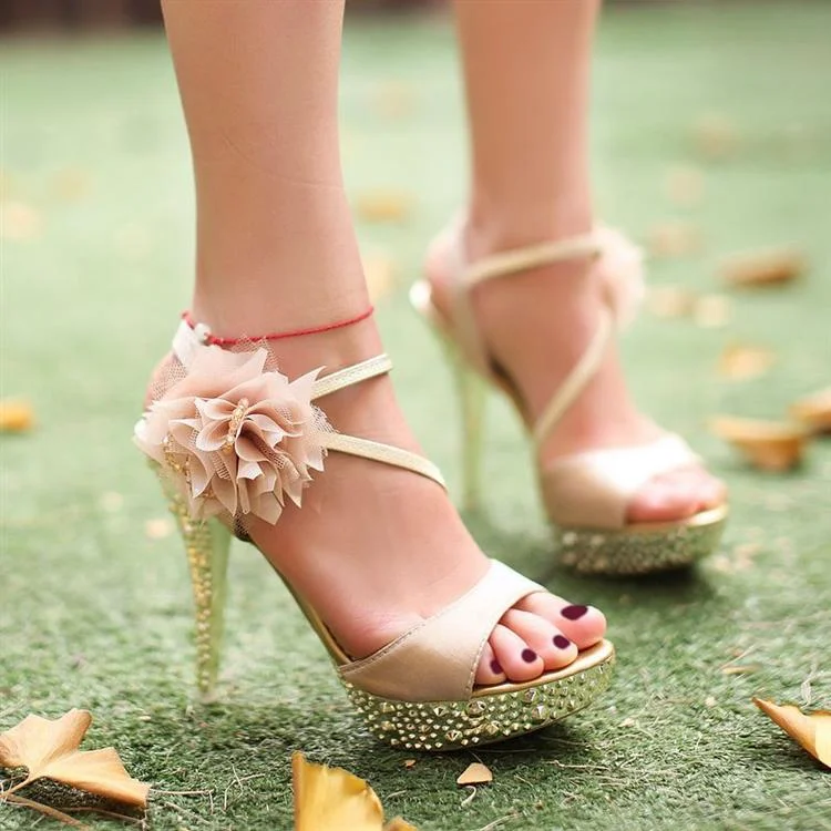 Champagne Rhinestone Platform Floral Stiletto Heel Sandals for Ball Vdcoo