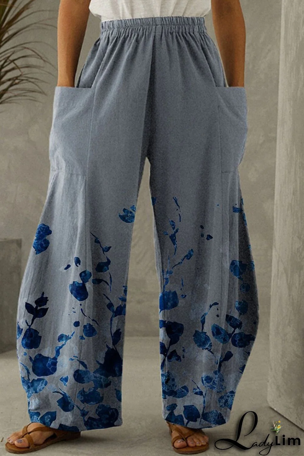 Dark Gray Fashion Casual Print Patchwork Pocket Regular High Waist Trousers