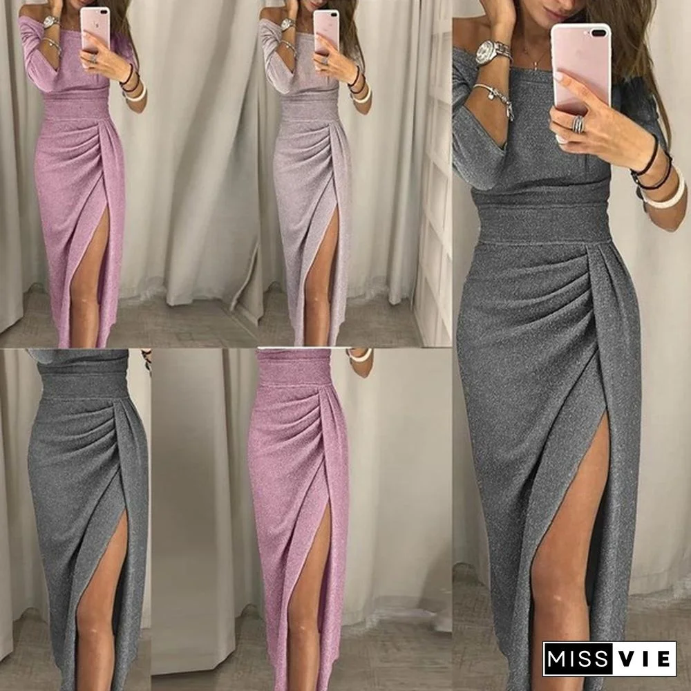 Women Off Shoulder Party dresses High Slit Bodycon Dress Long Sleeve Fashion Prom Dress Skirt