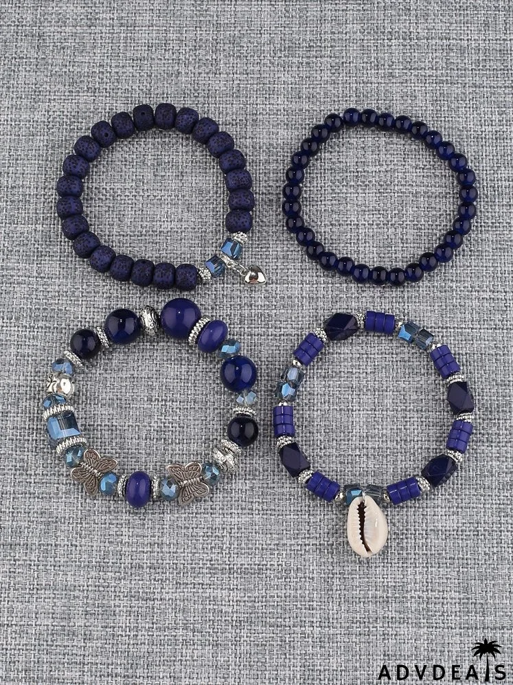 4pcs Shell & Heart Charm Beaded Bracelet