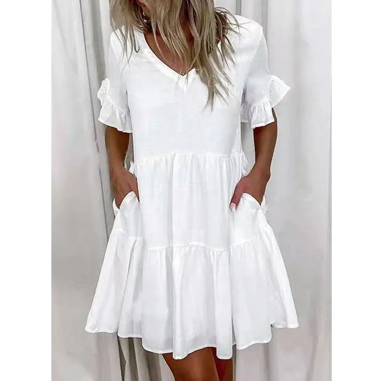 Brownm Regular Sleeve Fashion Short Printed Ruffle Pocket Dress