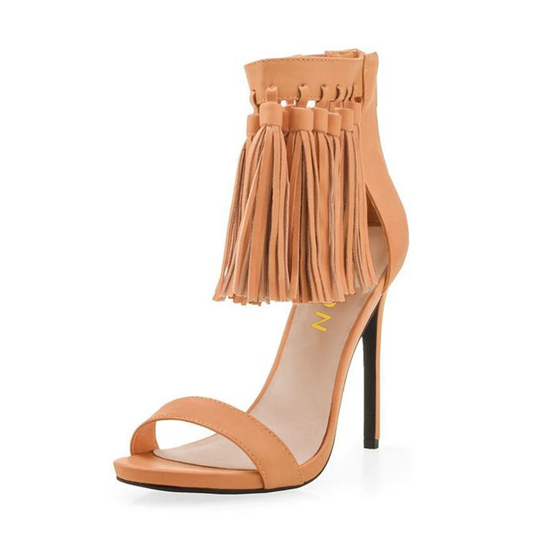 Stylish Nude Open Toe Tassels Decor Ankle Strap High Heels Sandals