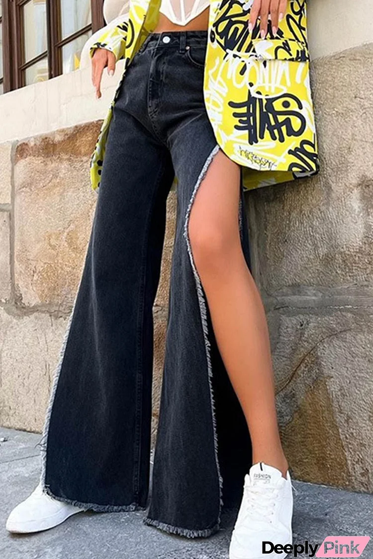 High Waist Solid Color High Slit Jeans