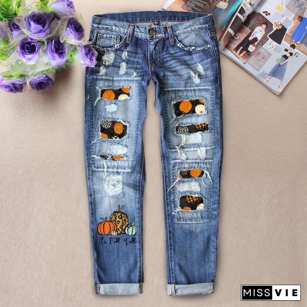 Pumpkin Its Fall Yall Slogan Ripped Pants