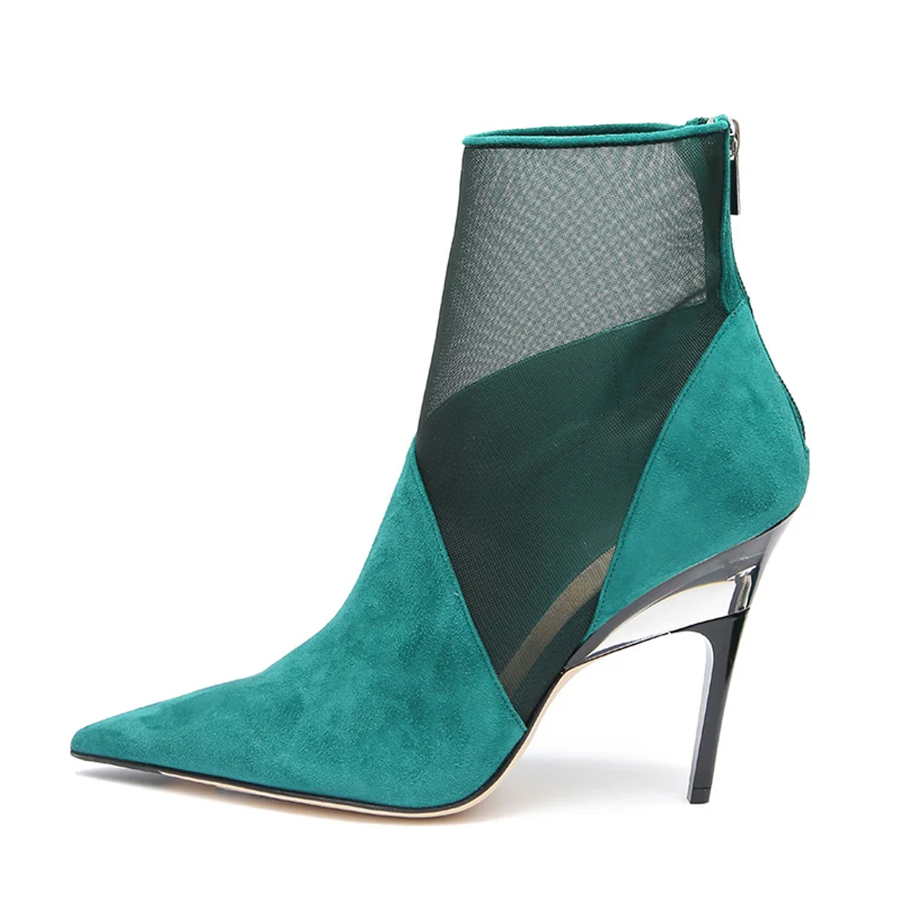 Turquoise Pointed Toe Stiletto Heel Back Zipper Short Boots for Women