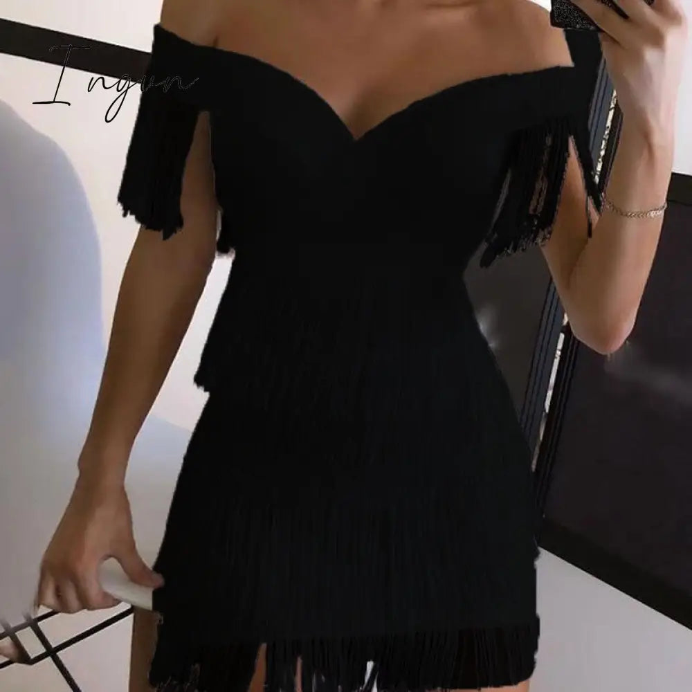 Ingvn - Sexy Sleeveless Bodycon Mini Dress Women White Off Shoulder Tassel Female Short Dresses