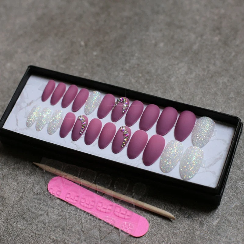 Matte glitter art nails box Match press on nails Burgundy AB rhinestone fasle nails stiletto Custom nails white blue pink-Nail Inspo