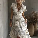 Women's Retro White Rose Lace Splicing Linen Short Dress - Image 2