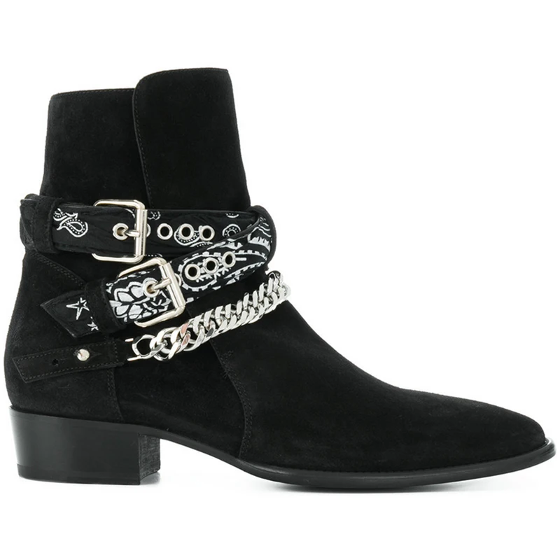 VCSHOES Top Balck Men's Short Boots Pointed Leather British High Top Matte Buckles Chian Suede Runway Business Pary Boots Men