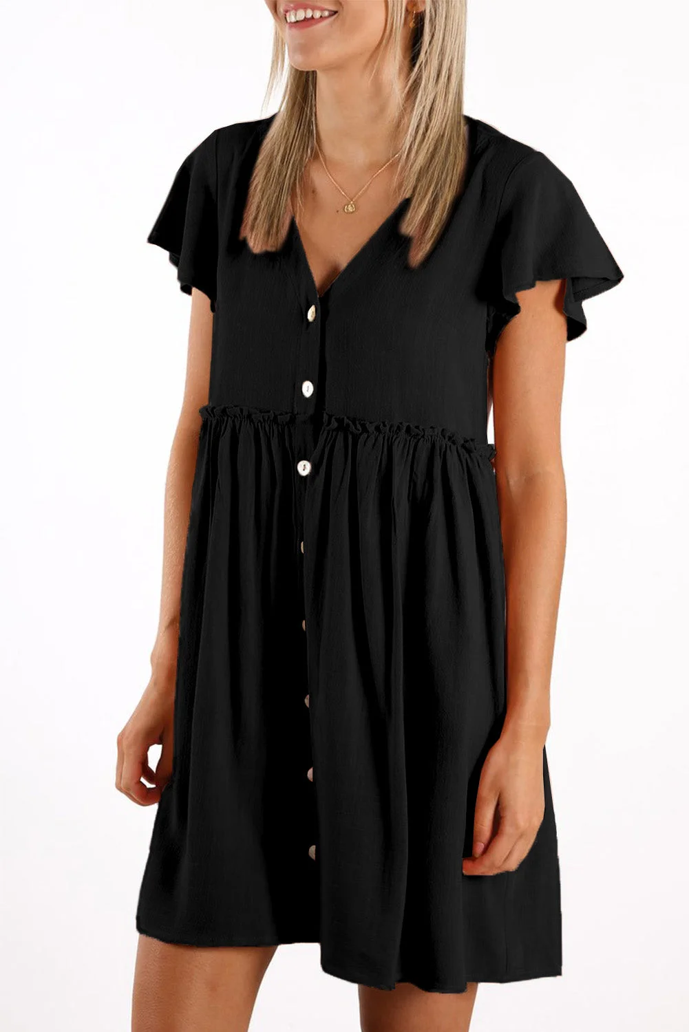 Buzzdaisy V Neck Buttoned Empire Waist Babydoll Mini Dress