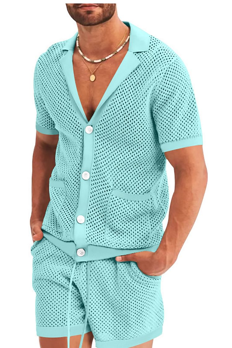 Men's Solid Color Summer Sports Hollow Leisure Suits Two Piece Sets