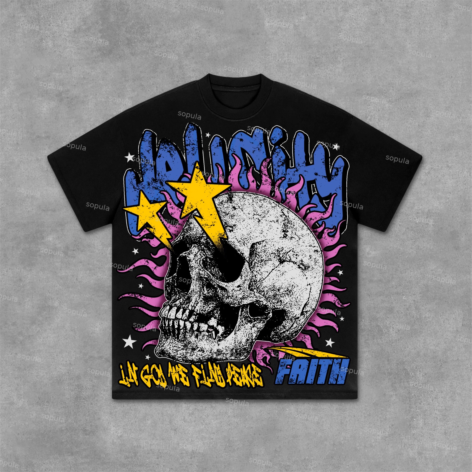 Flame Skull & Hell City Faith Vintage Old Graphic Cotton T-Shirt